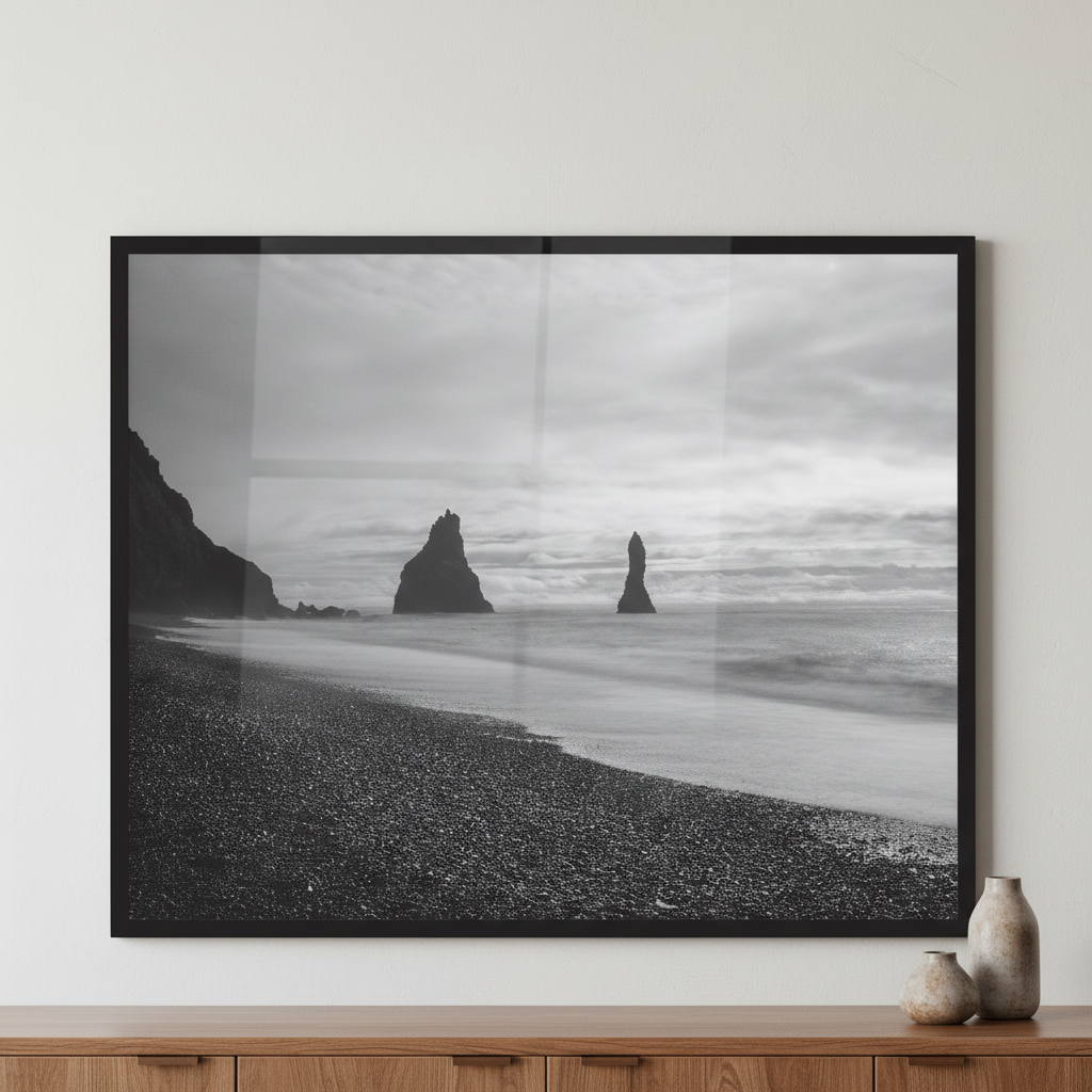 Reynisdrangar Sea Stacks ภาพติดผังสไตล์นามธรรม สำหรับตกแต่งบ้านและคอนโด พร้อมกรอบคุณภาพ