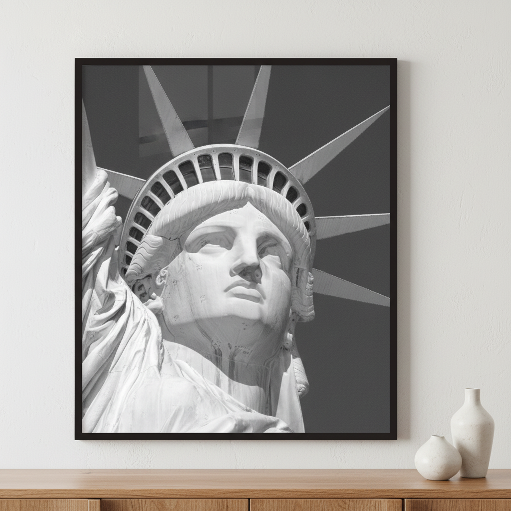 Black & White Close-up of the Statue of Liberty's Face ภาพติดผังสไตล์นามธรรม สำหรับตกแต่งบ้านและคอนโด พร้อมกรอบคุณภาพ