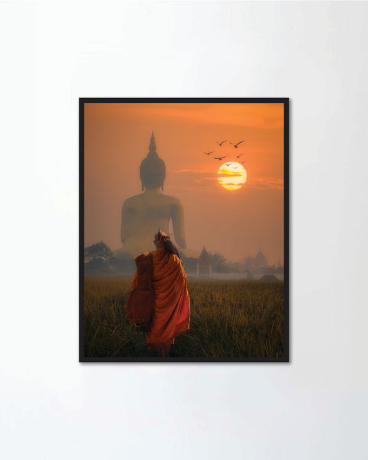 Asia Monk walking behind Big Buddha