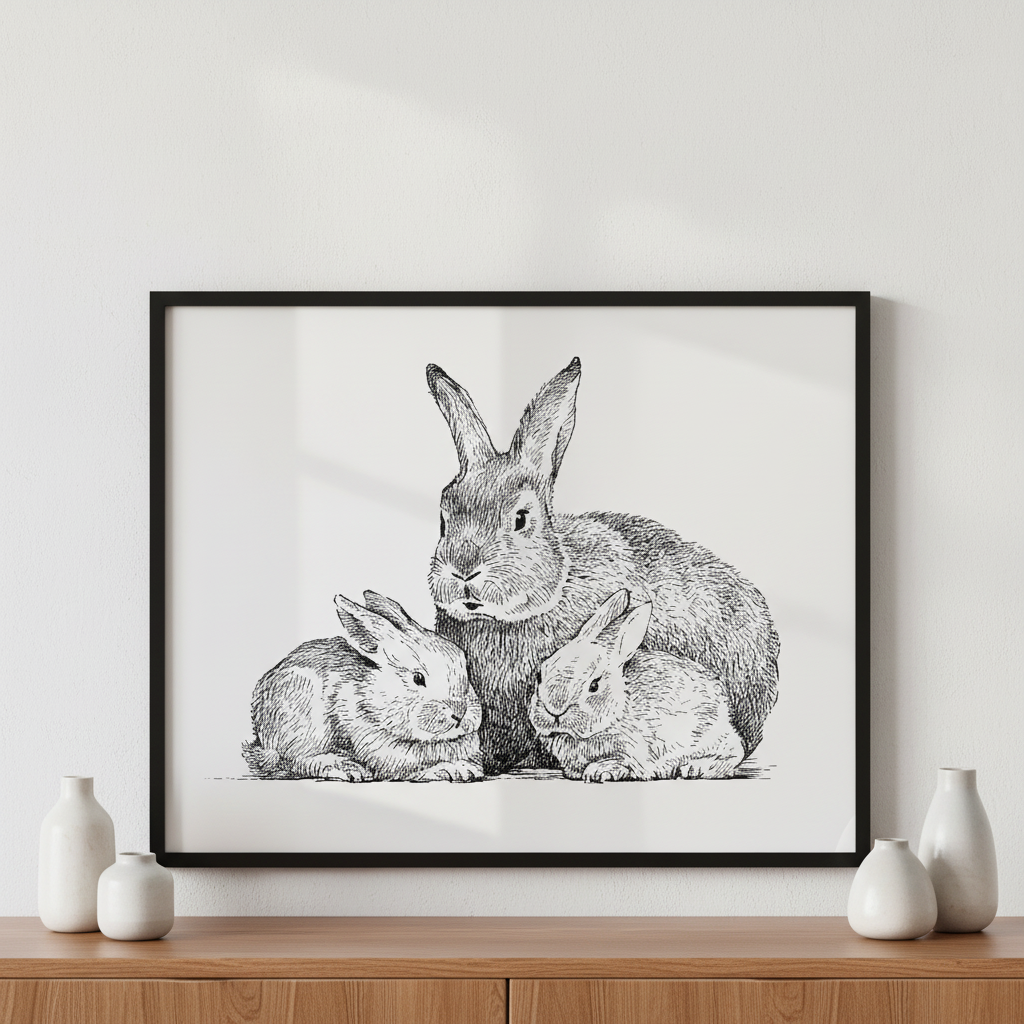 Three rabbits ภาพติดผังสไตล์สแกนดิเนเวีย สำหรับตกแต่งบ้านและคอนโด พร้อมกรอบคุณภาพ