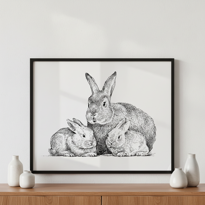 Three rabbits ภาพติดผังสไตล์สแกนดิเนเวีย สำหรับตกแต่งบ้านและคอนโด พร้อมกรอบคุณภาพ