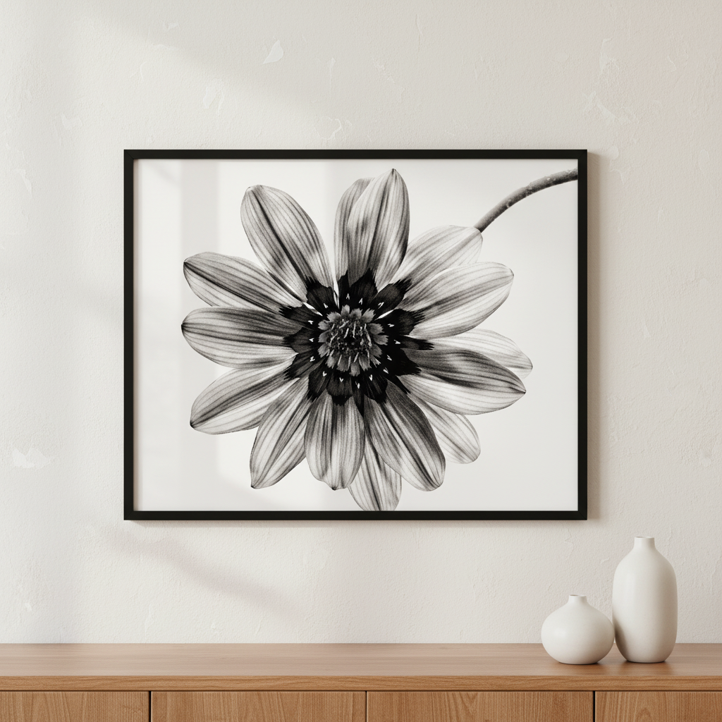 Flower in black and white on white background ภาพติดผังสไตล์สแกนดิเนเวีย สำหรับตกแต่งบ้านและคอนโด พร้อมกรอบคุณภาพ