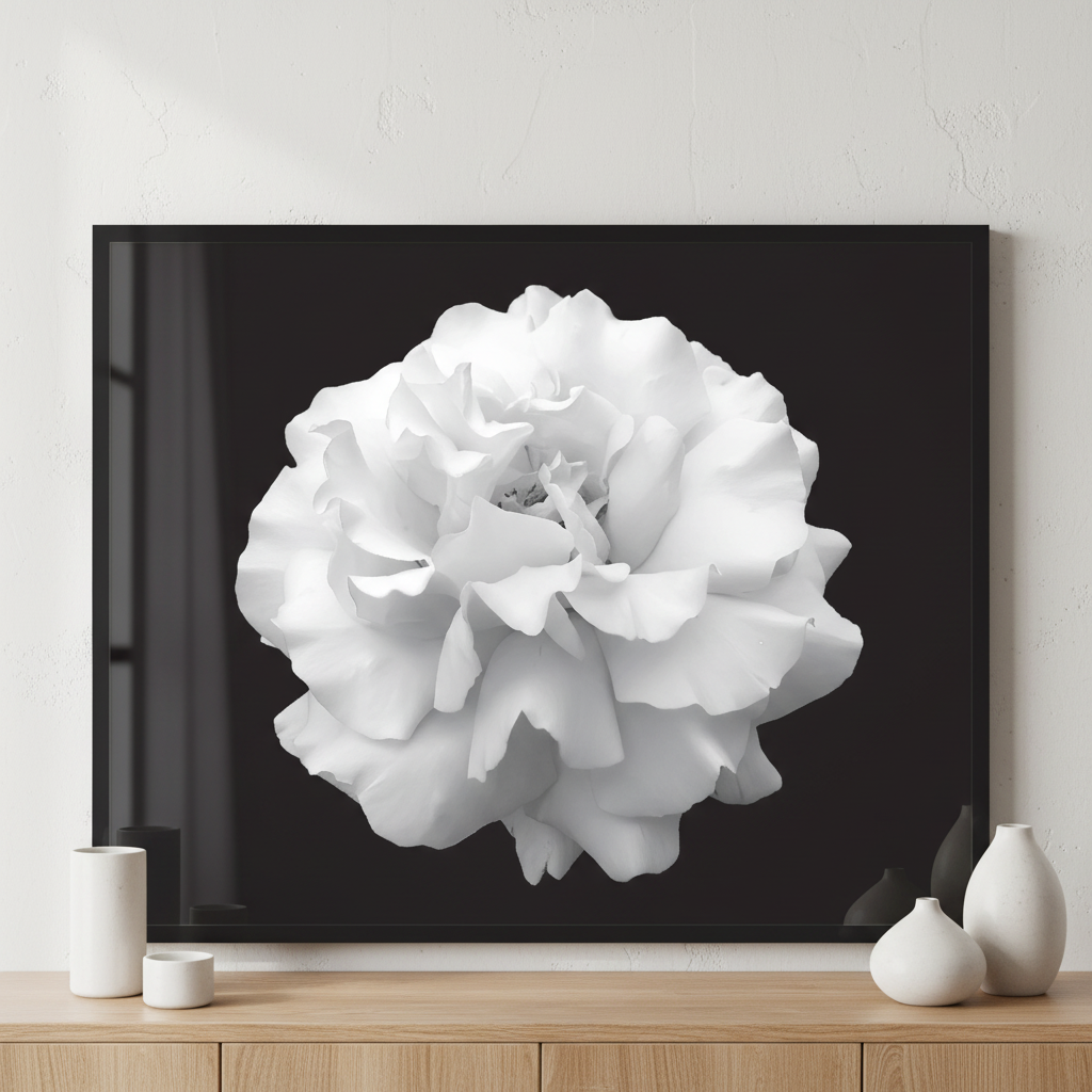 Black and white flower rose ภาพติดผังสไตล์สแกนดิเนเวีย สำหรับตกแต่งบ้านและคอนโด พร้อมกรอบคุณภาพ