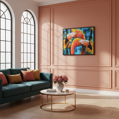 Modern oil painting of lovely couple orange flamingos