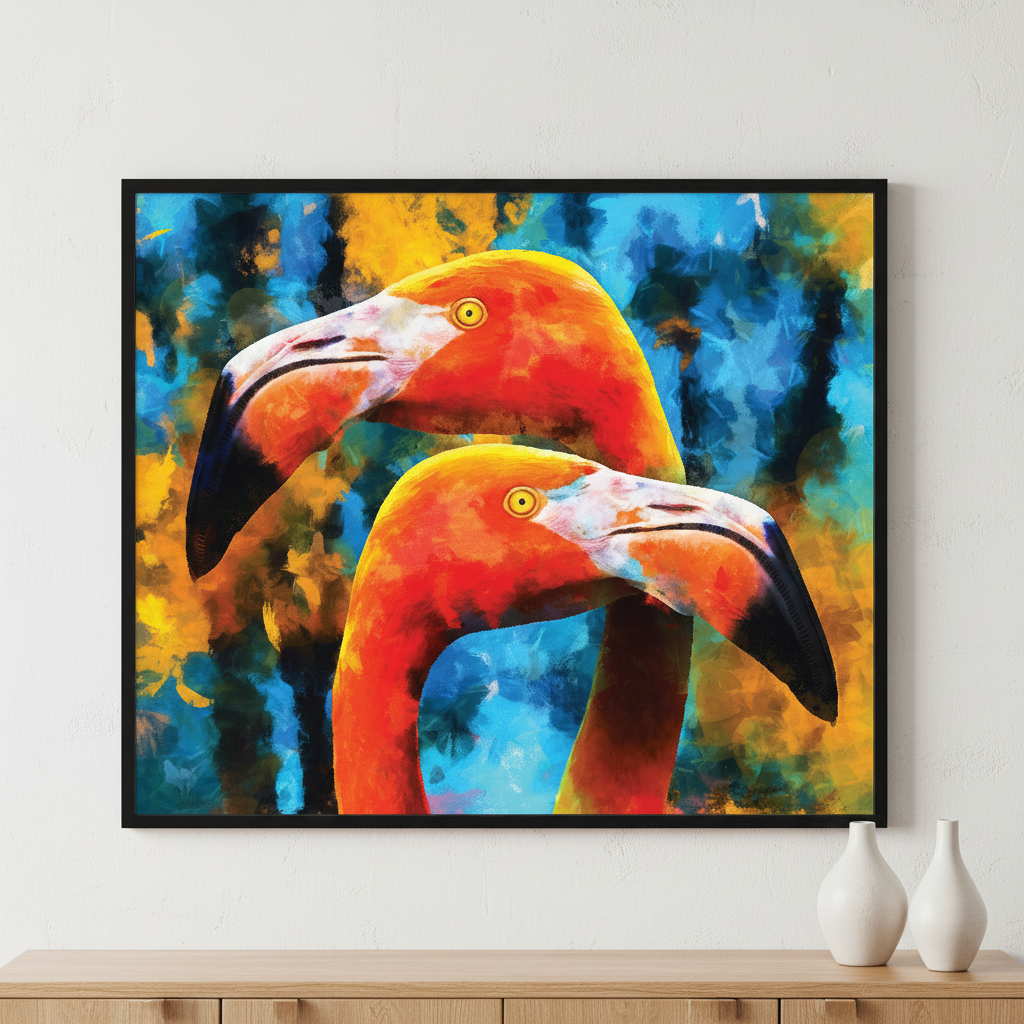 Modern oil painting of lovely couple orange flamingos ภาพติดผังสไตล์สแกนดิเนเวีย สำหรับตกแต่งบ้านและคอนโด พร้อมกรอบคุณภาพ