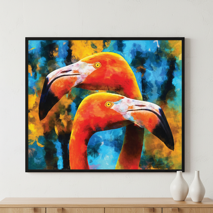 Modern oil painting of lovely couple orange flamingos ภาพติดผังสไตล์สแกนดิเนเวีย สำหรับตกแต่งบ้านและคอนโด พร้อมกรอบคุณภาพ
