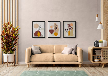Warm Botanical Forms (3 ภาพ) ภาพติดผังสไตล์นามธรรม สำหรับตกแต่งบ้านและคอนโด พร้อมกรอบคุณภาพ