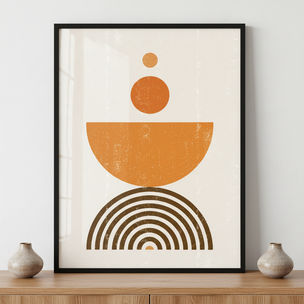 Burnt orange sun print boho ภาพติดผังสไตล์สแกนดิเนเวีย สำหรับตกแต่งบ้านและคอนโด พร้อมกรอบคุณภาพ