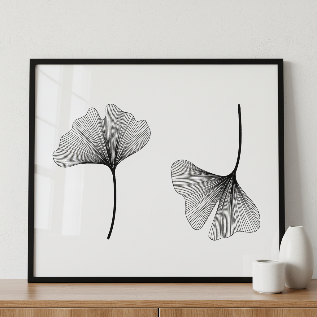 Ginkgo biloba set isolated ภาพติดผังสไตล์ธรรมชาติ สำหรับตกแต่งบ้านและคอนโด พร้อมกรอบคุณภาพ