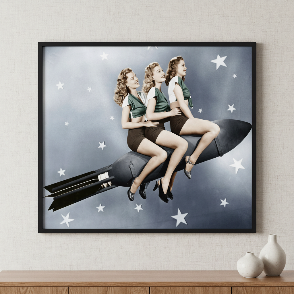 three women sitting on a rocket ภาพติดผังสไตล์สแกนดิเนเวีย สำหรับตกแต่งบ้านและคอนโด พร้อมกรอบคุณภาพ