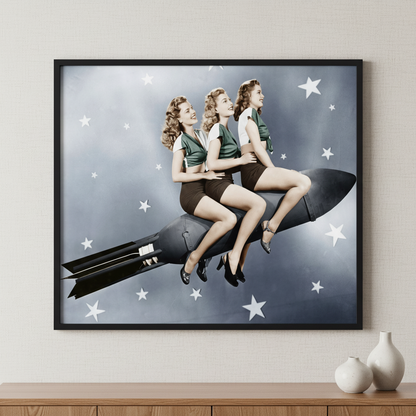 three women sitting on a rocket ภาพติดผังสไตล์สแกนดิเนเวีย สำหรับตกแต่งบ้านและคอนโด พร้อมกรอบคุณภาพ