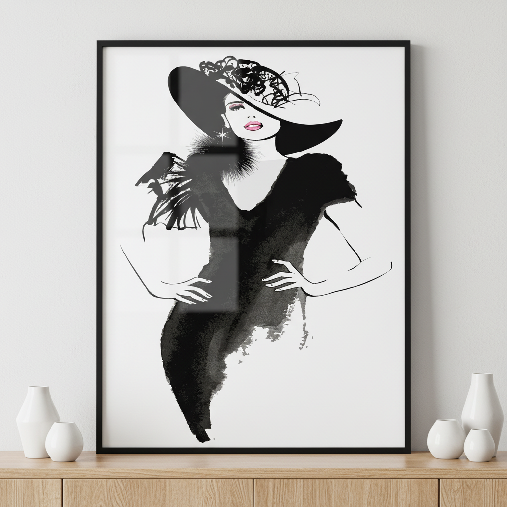 Fashion model with black hat ภาพติดผังสไตล์สแกนดิเนเวีย สำหรับตกแต่งบ้านและคอนโด พร้อมกรอบคุณภาพ