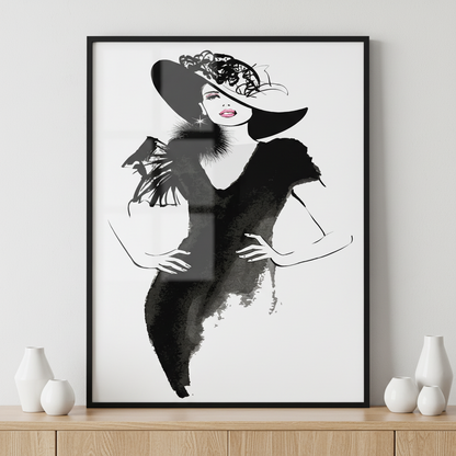Fashion model with black hat ภาพติดผังสไตล์สแกนดิเนเวีย สำหรับตกแต่งบ้านและคอนโด พร้อมกรอบคุณภาพ