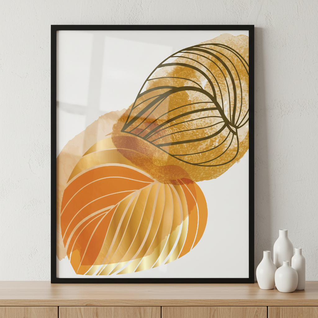 Botanical and gold abstract ภาพติดผังสไตล์ธรรมชาติ สำหรับตกแต่งบ้านและคอนโด พร้อมกรอบคุณภาพ