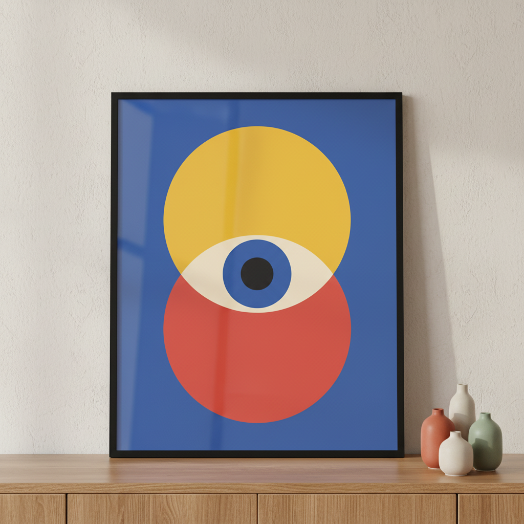 Set of minimal 20s geometric design with eyes ภาพติดผังสไตล์สแกนดิเนเวีย สำหรับตกแต่งบ้านและคอนโด พร้อมกรอบคุณภาพ
