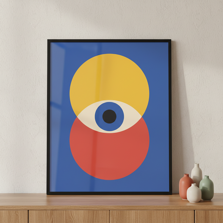 Set of minimal 20s geometric design with eyes ภาพติดผังสไตล์สแกนดิเนเวีย สำหรับตกแต่งบ้านและคอนโด พร้อมกรอบคุณภาพ