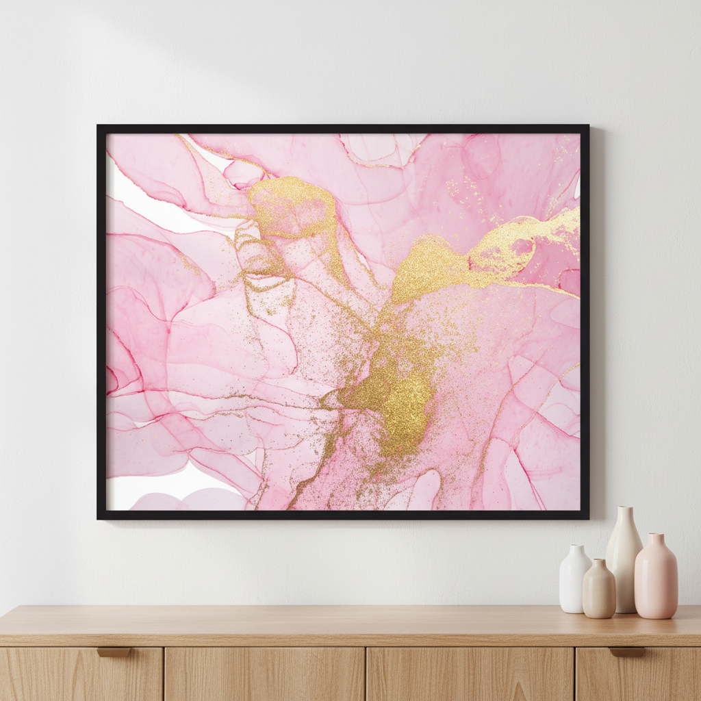 Alcohol ink pink abstract ภาพติดผังสไตล์สแกนดิเนเวีย สำหรับตกแต่งบ้านและคอนโด พร้อมกรอบคุณภาพ