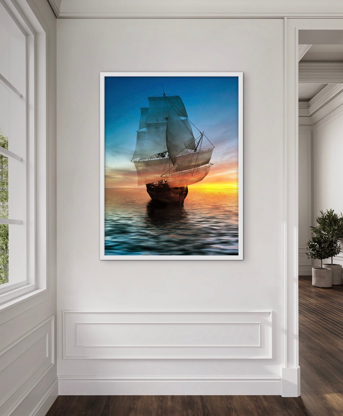 Sailboat against a beautiful landscape ภาพติดผังสไตล์วิวธรรมชาติ สำหรับตกแต่งบ้านและคอนโด พร้อมกรอบคุณภาพ