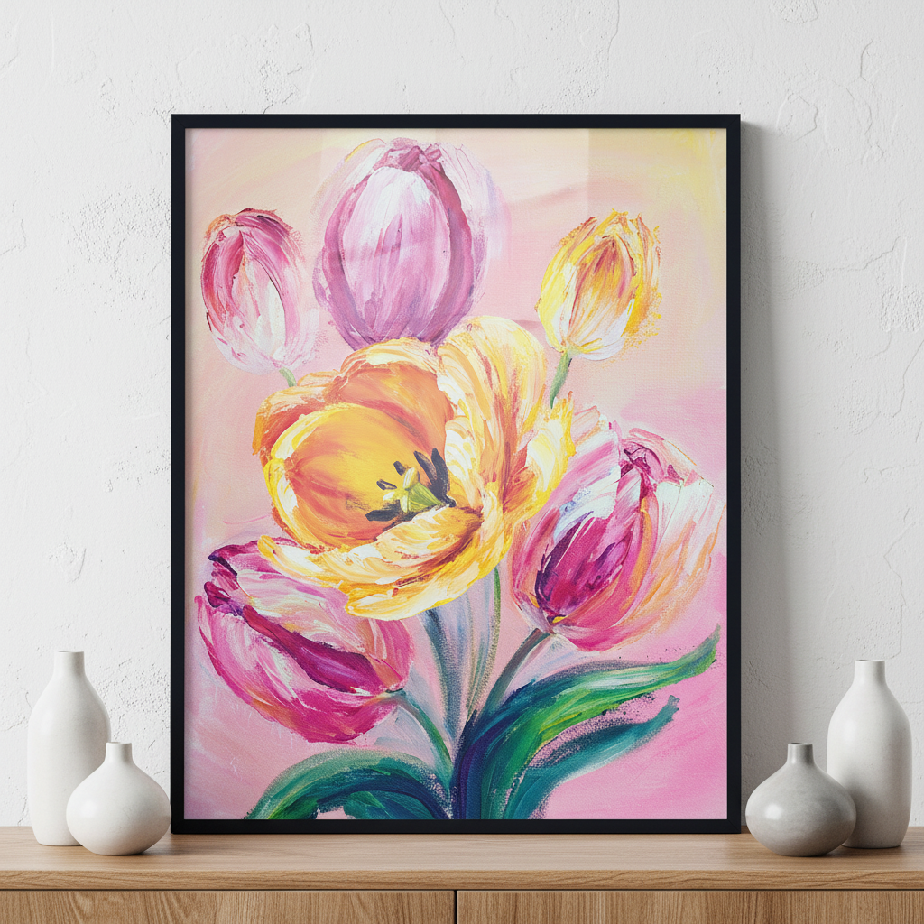Pink tulips ภาพติดผังสไตล์สแกนดิเนเวีย สำหรับตกแต่งบ้านและคอนโด พร้อมกรอบคุณภาพ