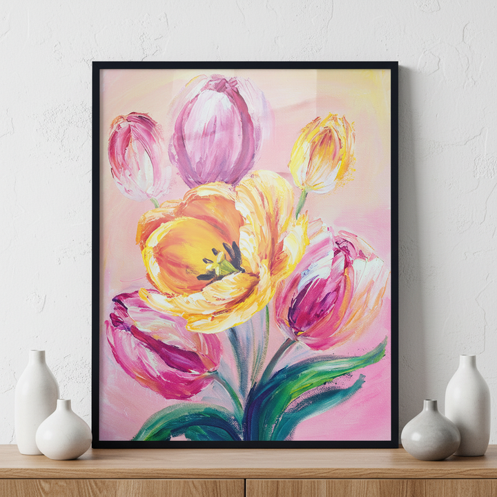 Pink tulips ภาพติดผังสไตล์สแกนดิเนเวีย สำหรับตกแต่งบ้านและคอนโด พร้อมกรอบคุณภาพ