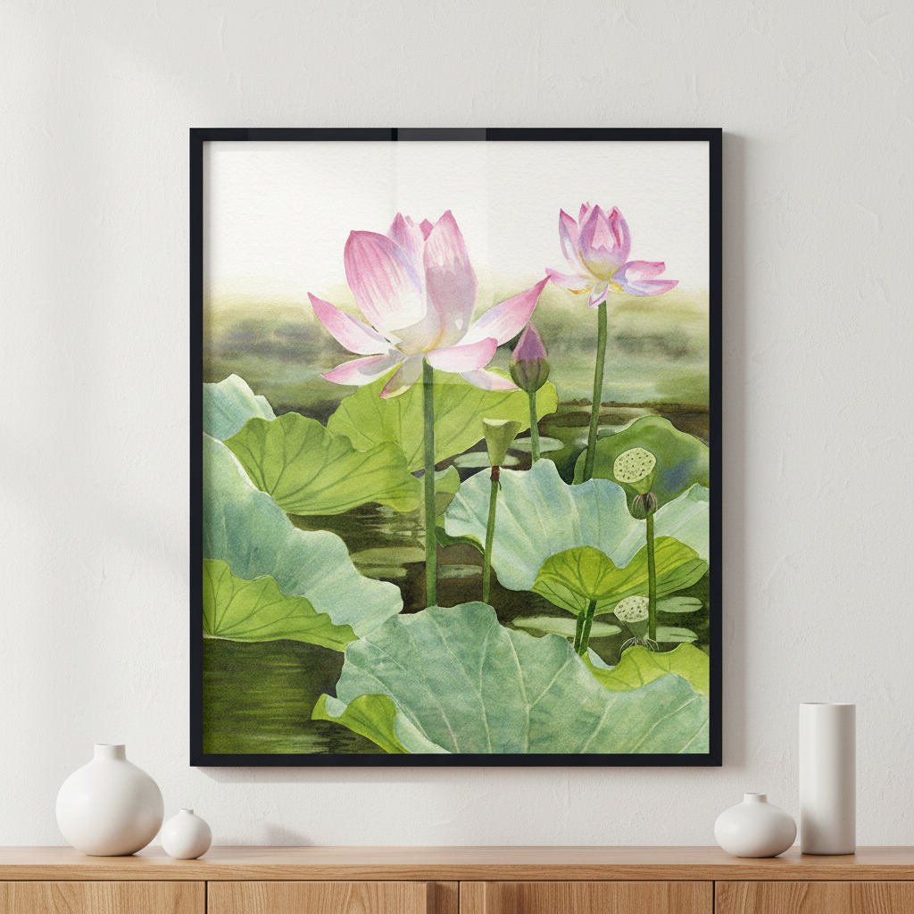 Pink Lotus ภาพติดผังสไตล์สแกนดิเนเวีย สำหรับตกแต่งบ้านและคอนโด พร้อมกรอบคุณภาพ