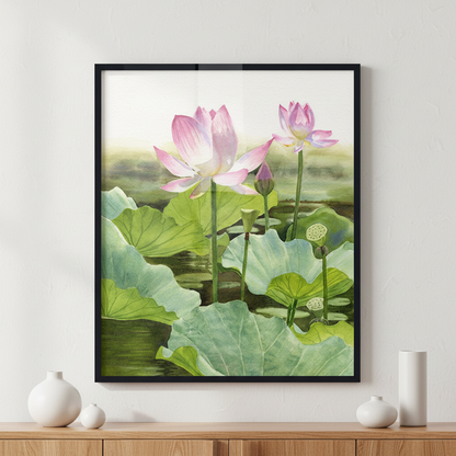Pink Lotus ภาพติดผังสไตล์สแกนดิเนเวีย สำหรับตกแต่งบ้านและคอนโด พร้อมกรอบคุณภาพ
