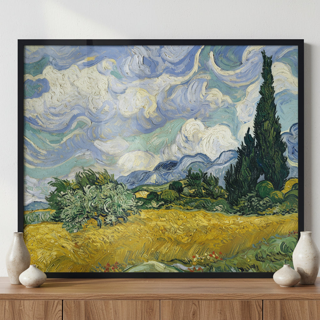 Wheat Field with Cypresses ภาพติดผังสไตล์สแกนดิเนเวีย สำหรับตกแต่งบ้านและคอนโด พร้อมกรอบคุณภาพ