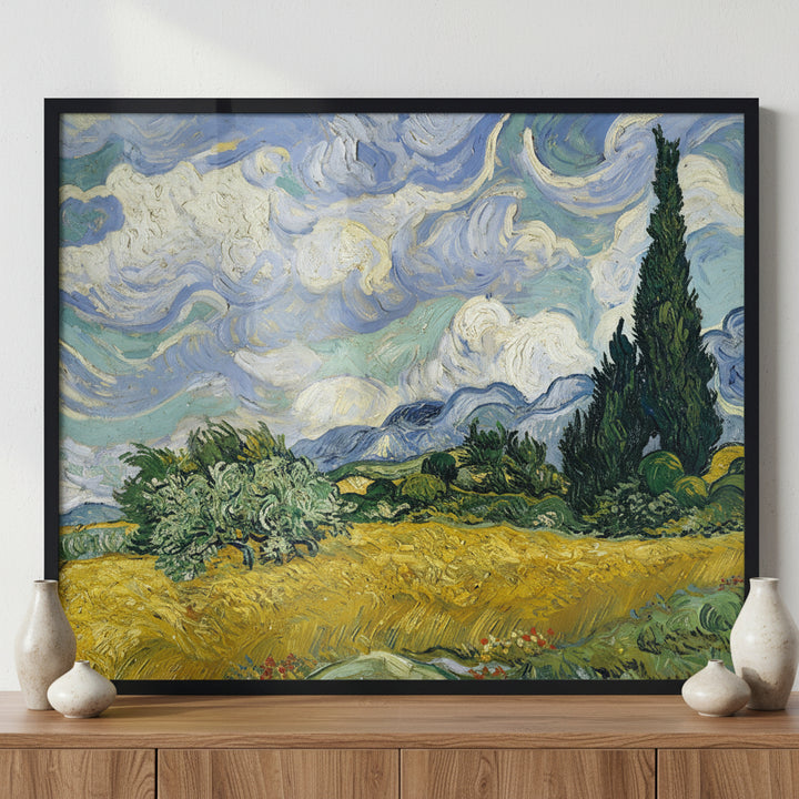 Wheat Field with Cypresses ภาพติดผังสไตล์สแกนดิเนเวีย สำหรับตกแต่งบ้านและคอนโด พร้อมกรอบคุณภาพ