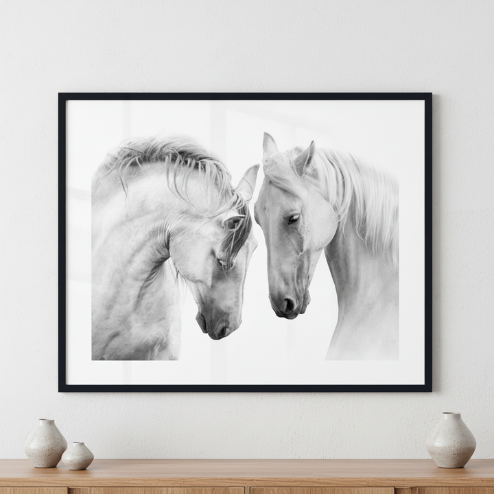 Couple of white horses ภาพติดผังสไตล์สแกนดิเนเวีย สำหรับตกแต่งบ้านและคอนโด พร้อมกรอบคุณภาพ