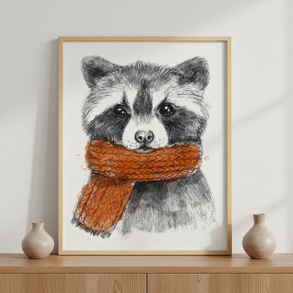 Cute raccoon ภาพติดผังสไตล์นามธรรม สำหรับตกแต่งบ้านและคอนโด พร้อมกรอบคุณภาพ