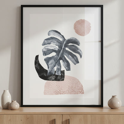 Glossy tropical monstera leaf ภาพติดผังสไตล์ธรรมชาติ สำหรับตกแต่งบ้านและคอนโด พร้อมกรอบคุณภาพ