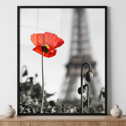 Poppy with the Eiffel tower ภาพติดผังสไตล์ธรรมชาติ สำหรับตกแต่งบ้านและคอนโด พร้อมกรอบคุณภาพ