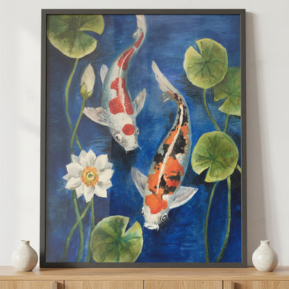 Koi Fish ภาพติดผังสไตล์นามธรรม สำหรับตกแต่งบ้านและคอนโด พร้อมกรอบคุณภาพ