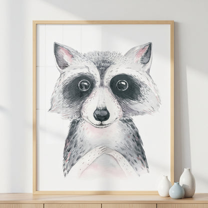 Cute baby raccoon ภาพติดผังสไตล์วิวธรรมชาติ สำหรับตกแต่งบ้านและคอนโด พร้อมกรอบคุณภาพ