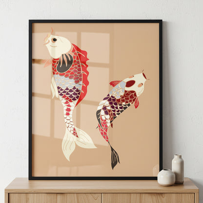 Japanese carp ภาพติดผังสไตล์นามธรรม สำหรับตกแต่งบ้านและคอนโด พร้อมกรอบคุณภาพ