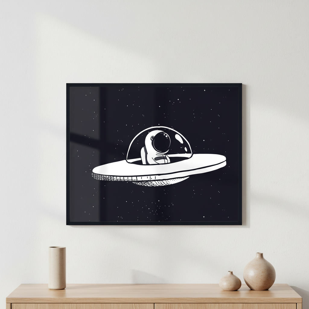 Astronaut in a flying saucer ภาพติดผังสไตล์นามธรรม สำหรับตกแต่งบ้านและคอนโด พร้อมกรอบคุณภาพ
