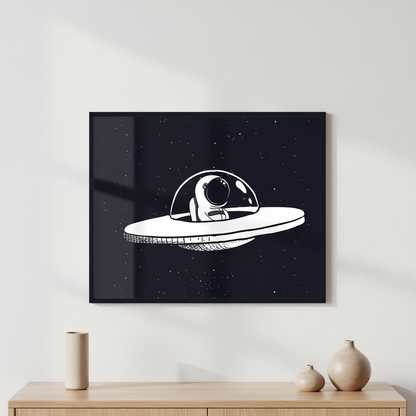 Astronaut in a flying saucer ภาพติดผังสไตล์นามธรรม สำหรับตกแต่งบ้านและคอนโด พร้อมกรอบคุณภาพ