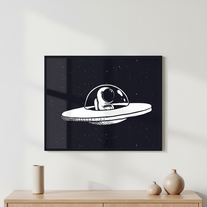 Astronaut in a flying saucer ภาพติดผังสไตล์นามธรรม สำหรับตกแต่งบ้านและคอนโด พร้อมกรอบคุณภาพ