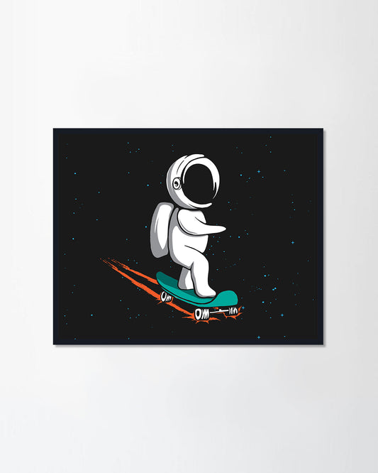 Little astronaut rides on skateboard