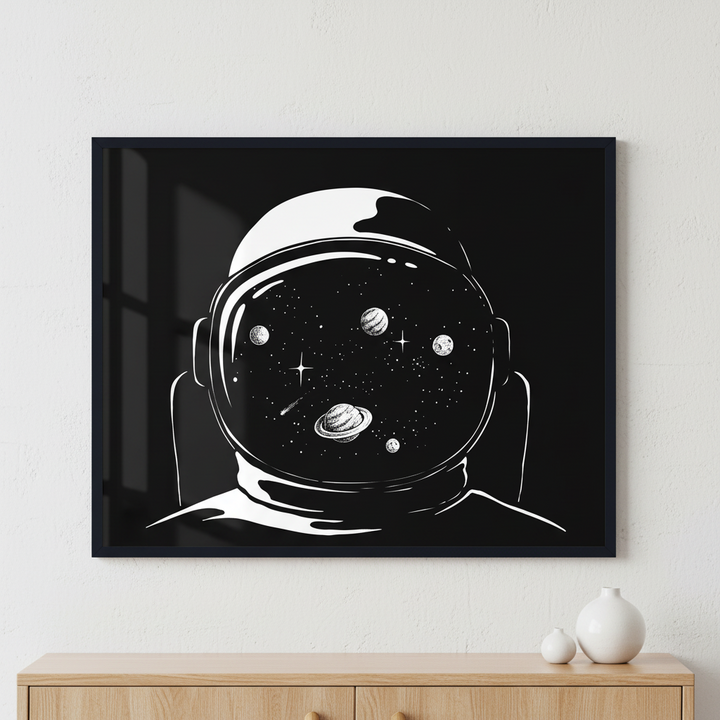 Space reflection in an astronauts helmet ภาพติดผังสไตล์นามธรรม สำหรับตกแต่งบ้านและคอนโด พร้อมกรอบคุณภาพ