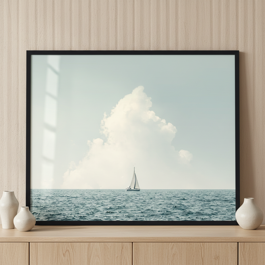 Boat sailing in the sea ภาพติดผังสไตล์วิวธรรมชาติ สำหรับตกแต่งบ้านและคอนโด พร้อมกรอบคุณภาพ