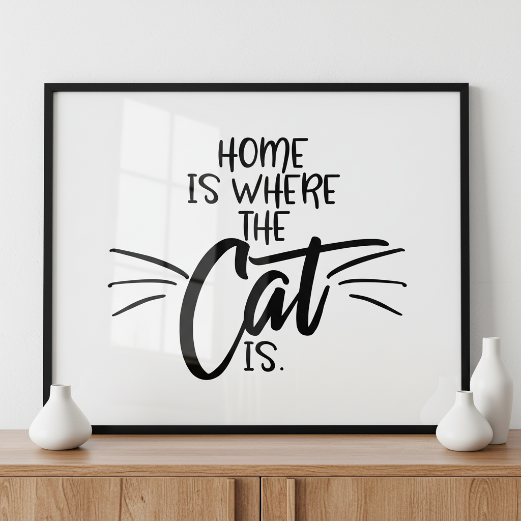 Home is where the cat is ภาพติดผังสไตล์สแกนดิเนเวีย สำหรับตกแต่งบ้านและคอนโด พร้อมกรอบคุณภาพ
