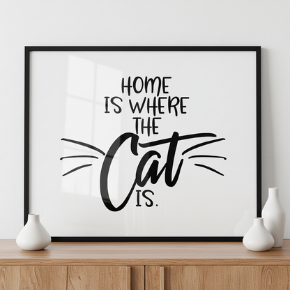 Home is where the cat is ภาพติดผังสไตล์สแกนดิเนเวีย สำหรับตกแต่งบ้านและคอนโด พร้อมกรอบคุณภาพ