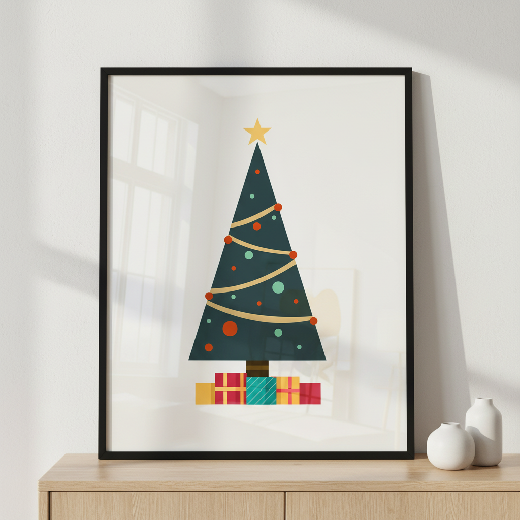 Christmas Tree II ภาพติดผังสไตล์สแกนดิเนเวีย สำหรับตกแต่งบ้านและคอนโด พร้อมกรอบคุณภาพ