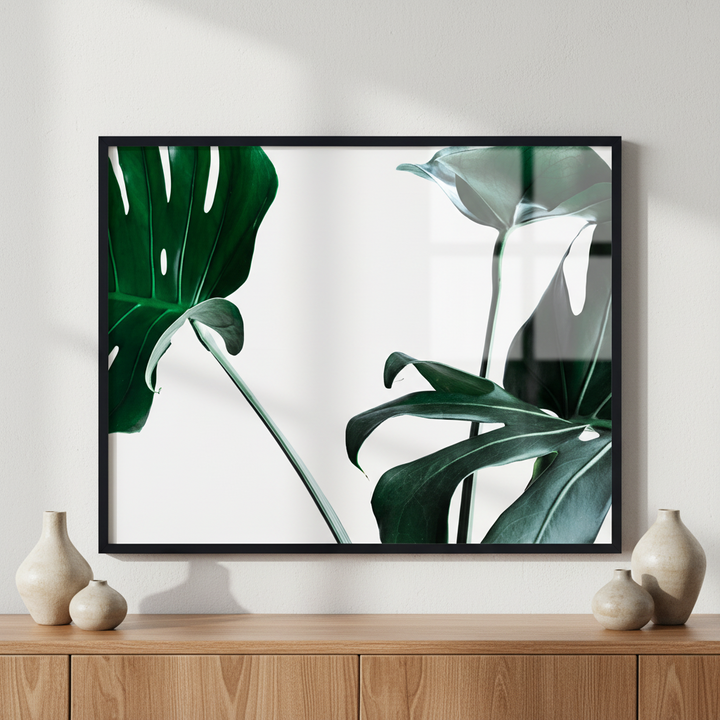Monstera leaves ภาพติดผังสไตล์สแกนดิเนเวีย สำหรับตกแต่งบ้านและคอนโด พร้อมกรอบคุณภาพ