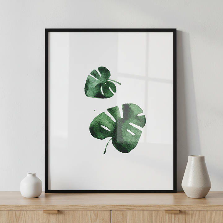Monstera leaves ภาพติดผังสไตล์ธรรมชาติ สำหรับตกแต่งบ้านและคอนโด พร้อมกรอบคุณภาพ