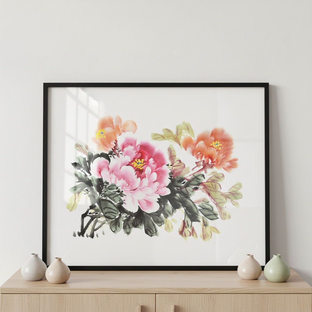 Peony flower ภาพติดผังสไตล์สแกนดิเนเวีย สำหรับตกแต่งบ้านและคอนโด พร้อมกรอบคุณภาพ