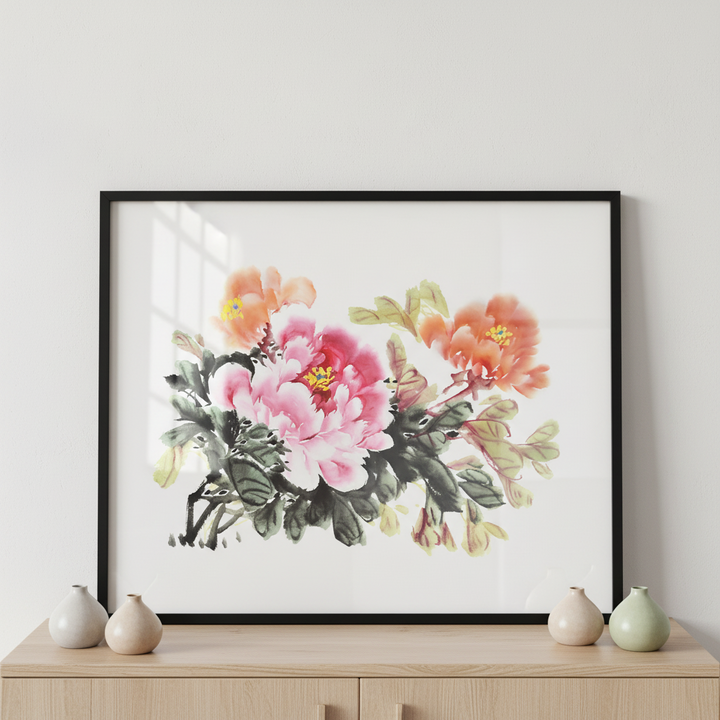 Peony flower ภาพติดผังสไตล์สแกนดิเนเวีย สำหรับตกแต่งบ้านและคอนโด พร้อมกรอบคุณภาพ