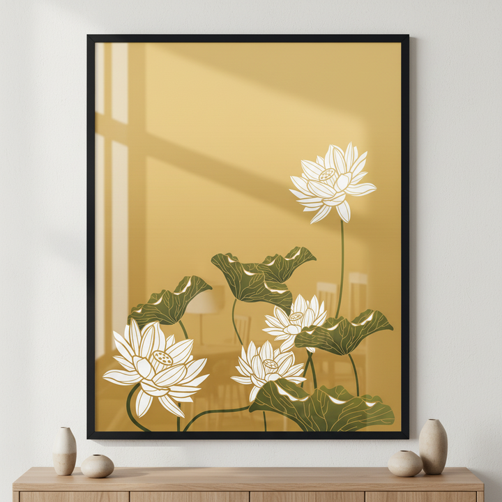 Lotus flower ภาพติดผังสไตล์ธรรมชาติ สำหรับตกแต่งบ้านและคอนโด พร้อมกรอบคุณภาพ
