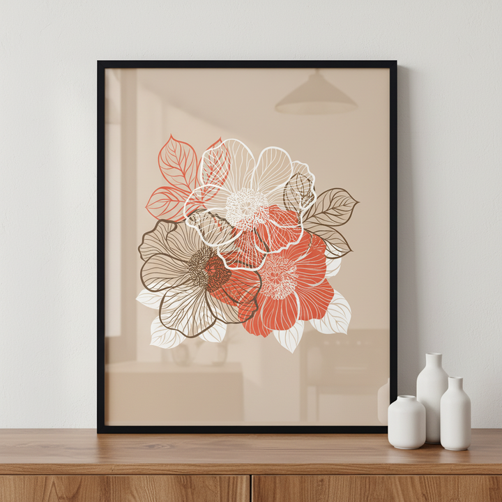 Flowers of peony ภาพติดผังสไตล์ธรรมชาติ สำหรับตกแต่งบ้านและคอนโด พร้อมกรอบคุณภาพ